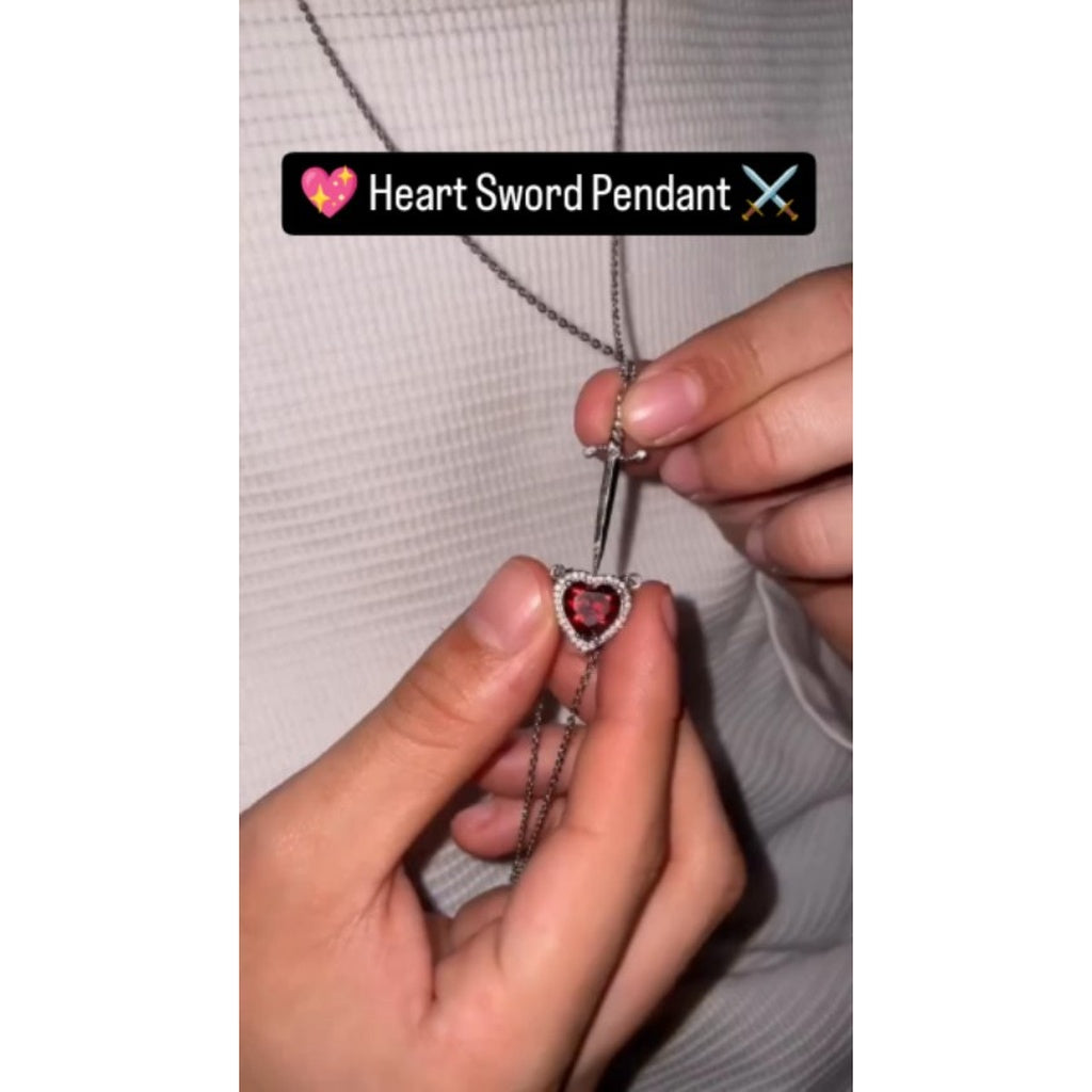 Gothic Red Crystal Heart Sword Pendant Necklace